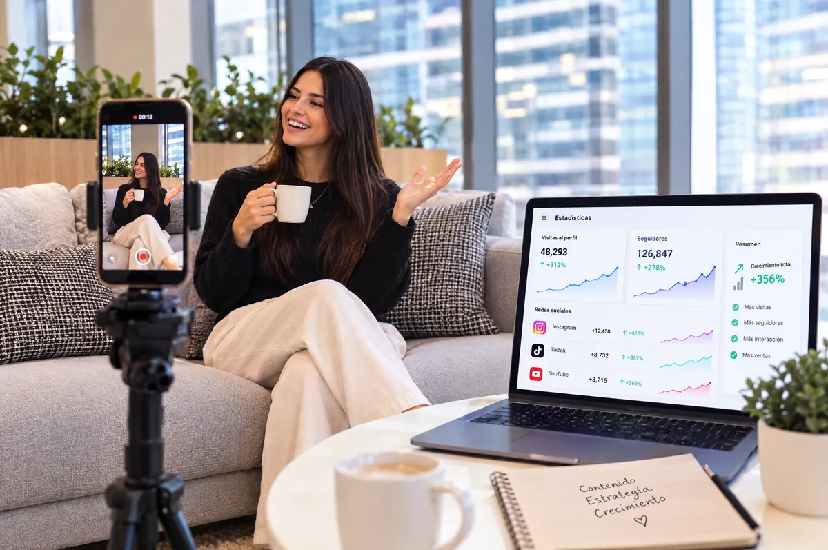 Creadora grabando contenido junto a las estadísticas de crecimiento de sus redes